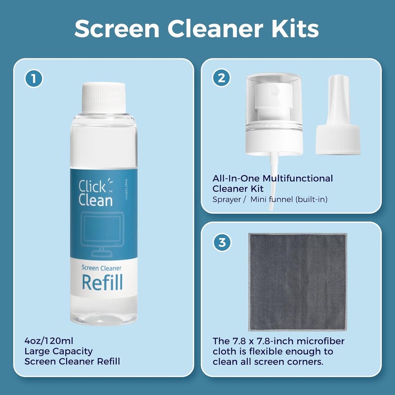 CLICK CLEAN Screen Cleaner Refill Kits - 4 oz Cleaner Refill and 1 Microfiber Cloth(7.8 x 7.8in), 1 Mini Refill Funnel + 1 Sprayer - Specially Designed for Cleaning Products - Image 3